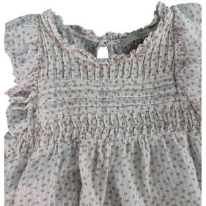 Women's White Pink Dot Ruffle Smocked Neck‎ Short Sleeve Dress Size S